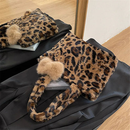 Leopard Plush Fluffy Tote Bag