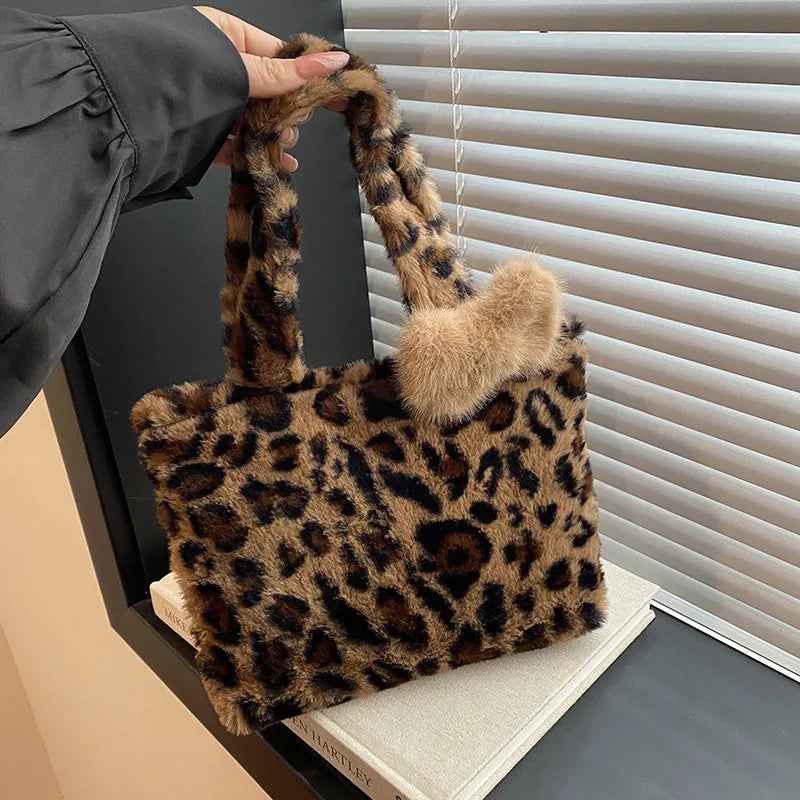 Leopard Plush Fluffy Tote Bag