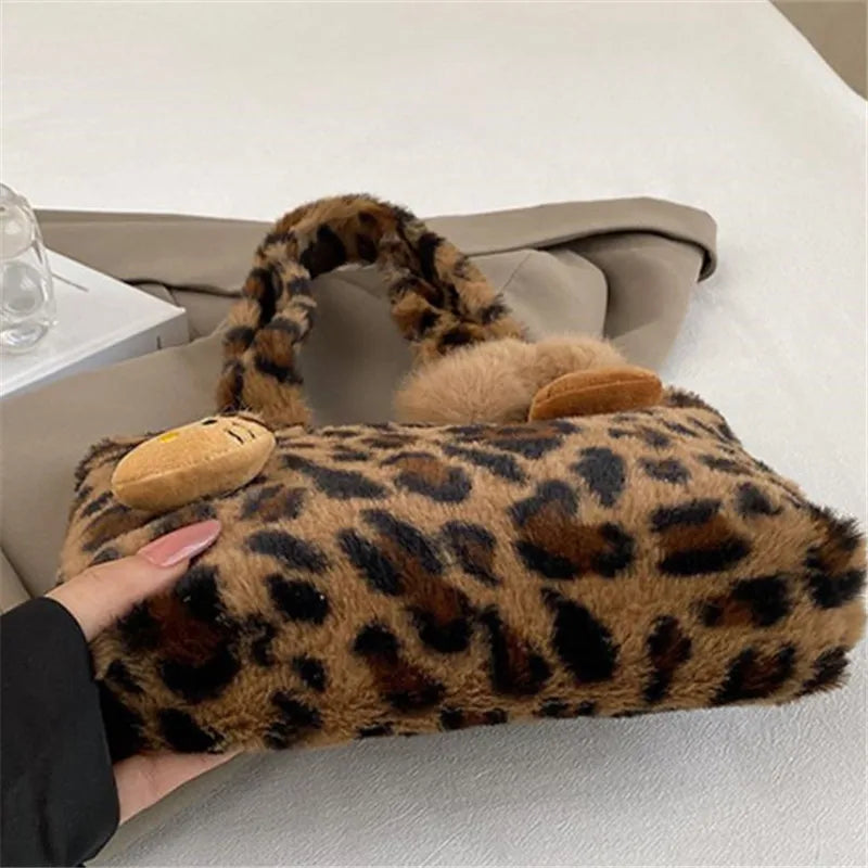 Leopard Plush Fluffy Tote Bag