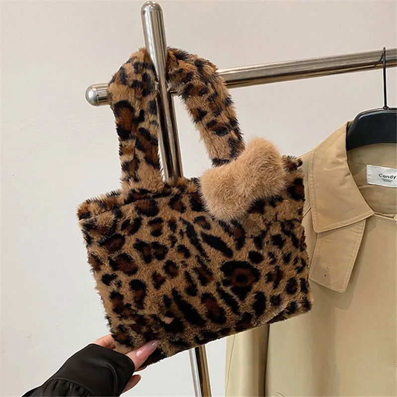 Leopard Plush Fluffy Tote Bag
