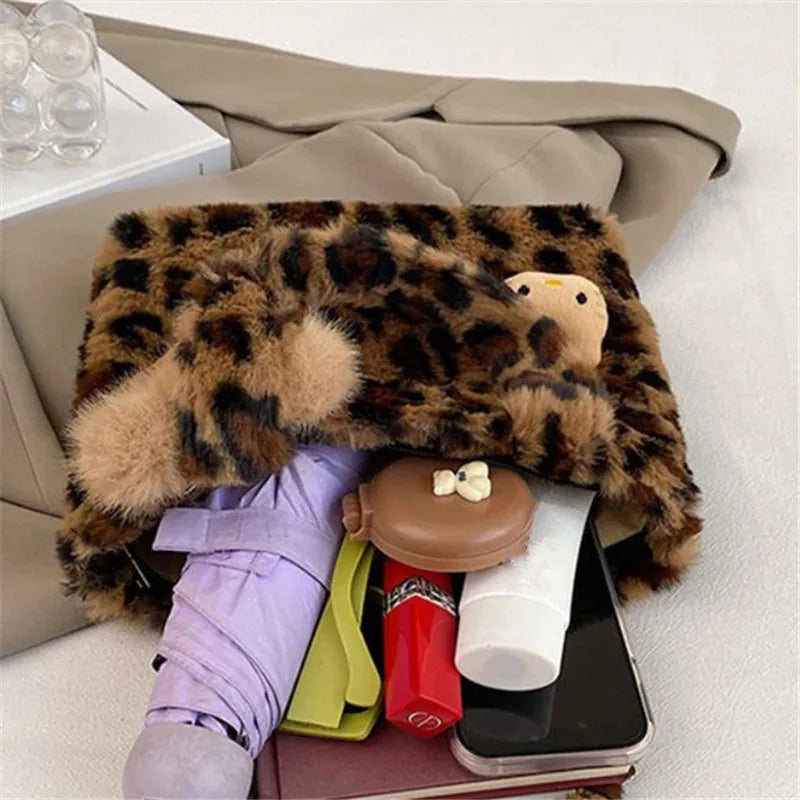 Leopard Plush Fluffy Tote Bag