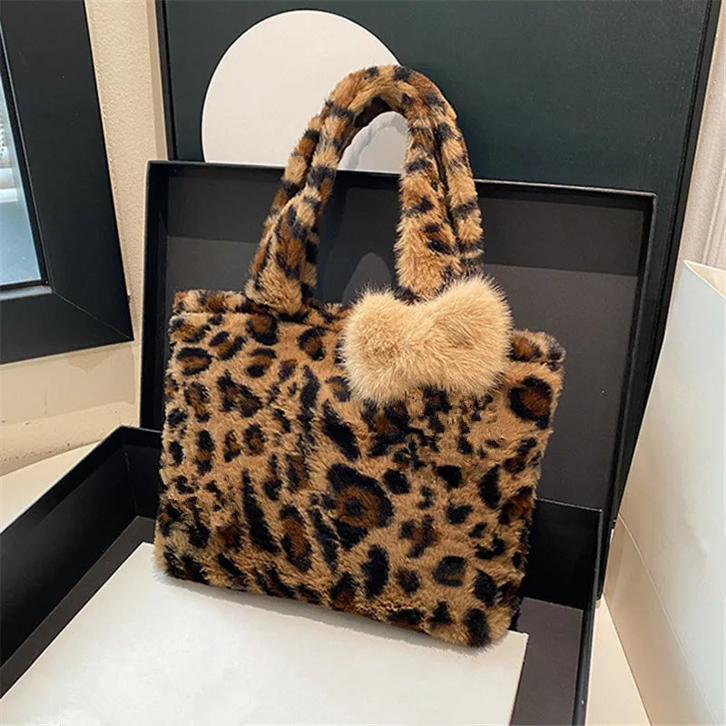 Leopard Plush Fluffy Tote Bag