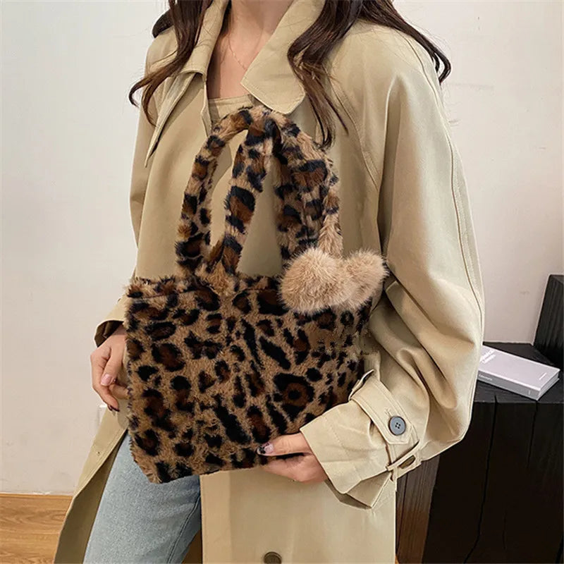 Leopard Plush Fluffy Tote Bag