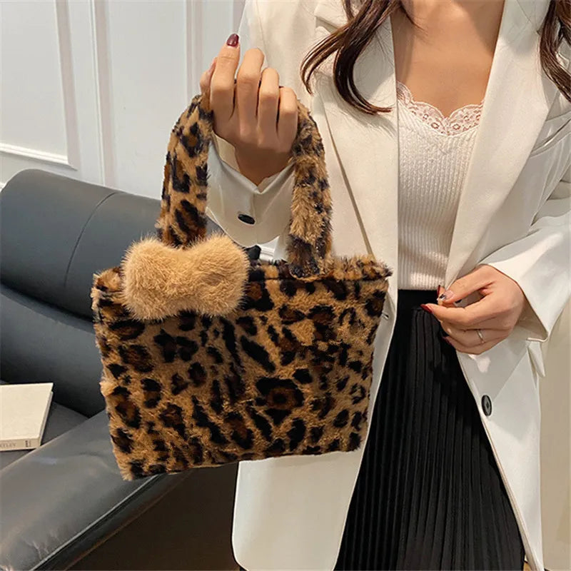 Leopard Plush Fluffy Tote Bag