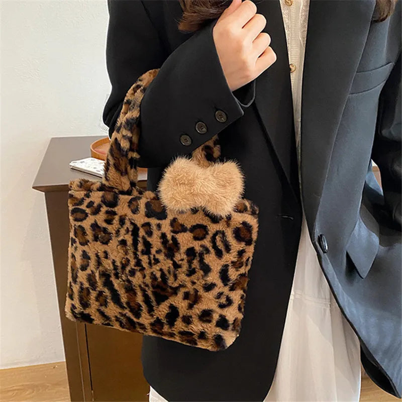 Leopard Plush Fluffy Tote Bag