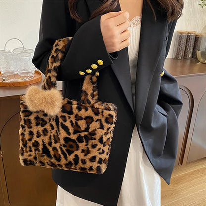 Leopard Plush Fluffy Tote Bag