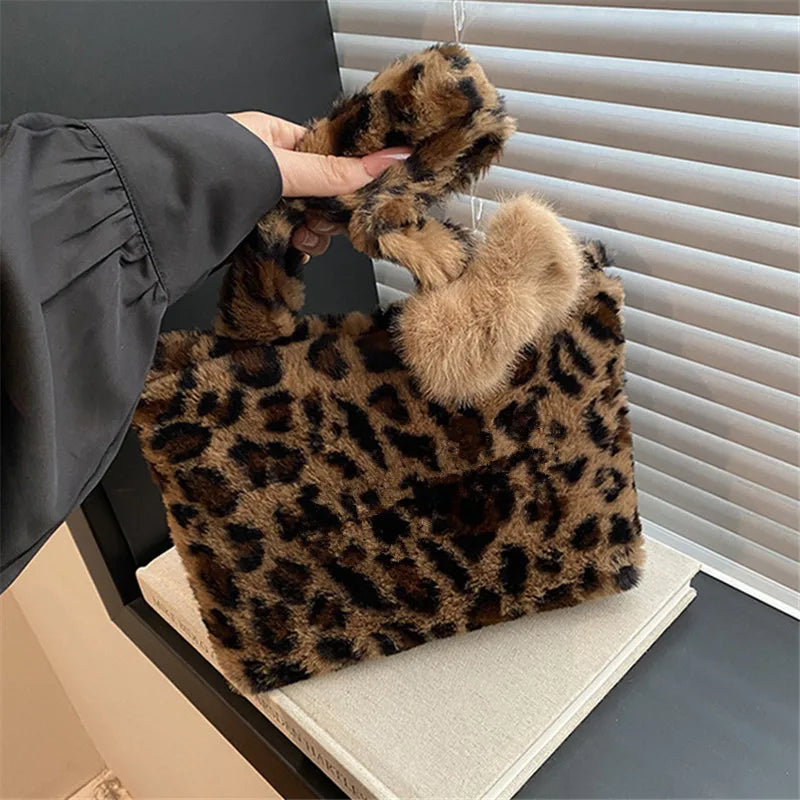 Leopard Plush Fluffy Tote Bag
