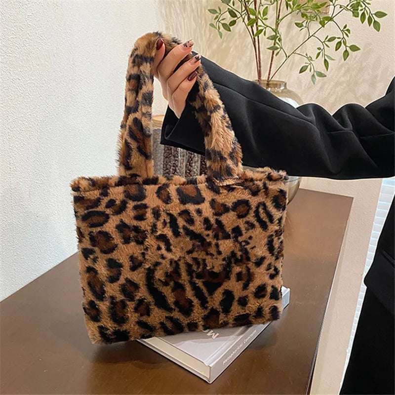 Leopard Plush Fluffy Tote Bag