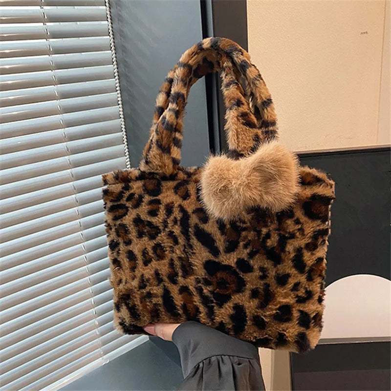 Leopard Plush Fluffy Tote Bag