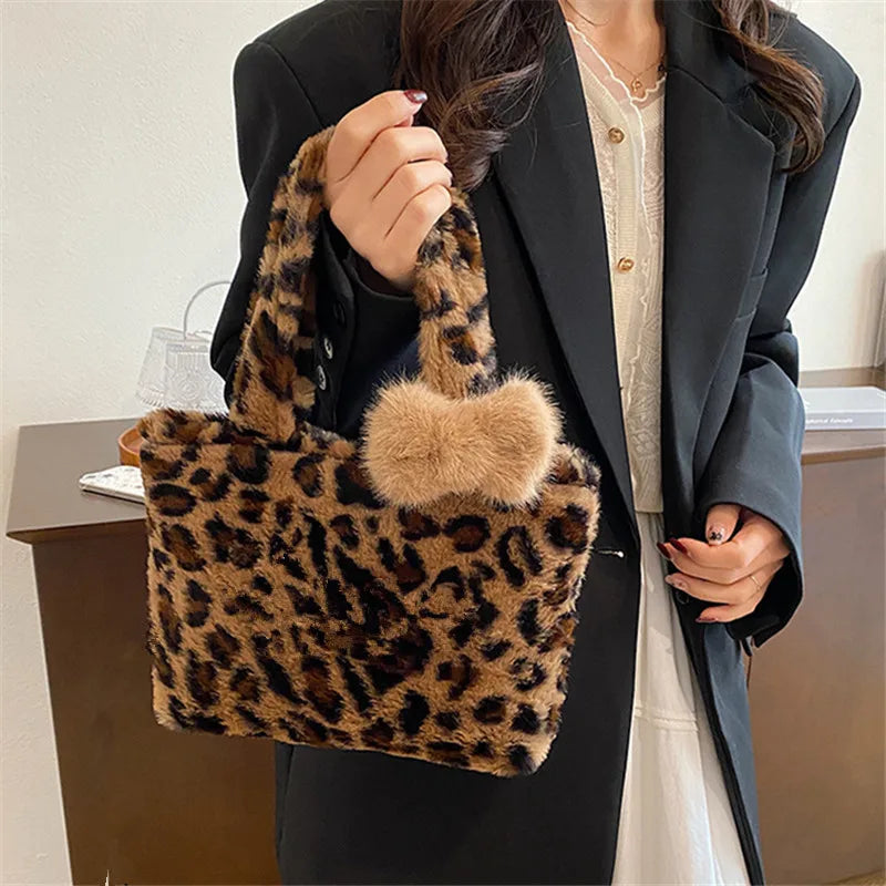 Leopard Plush Fluffy Tote Bag