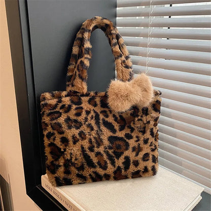 Leopard Plush Fluffy Tote Bag