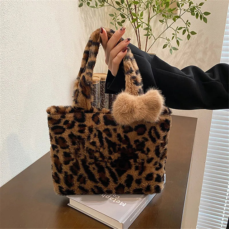 Leopard Plush Fluffy Tote Bag