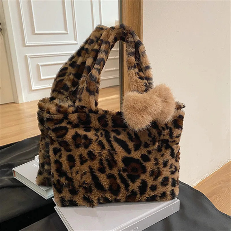 Leopard Plush Fluffy Tote Bag