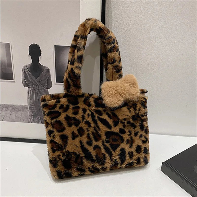 Leopard Plush Fluffy Tote Bag