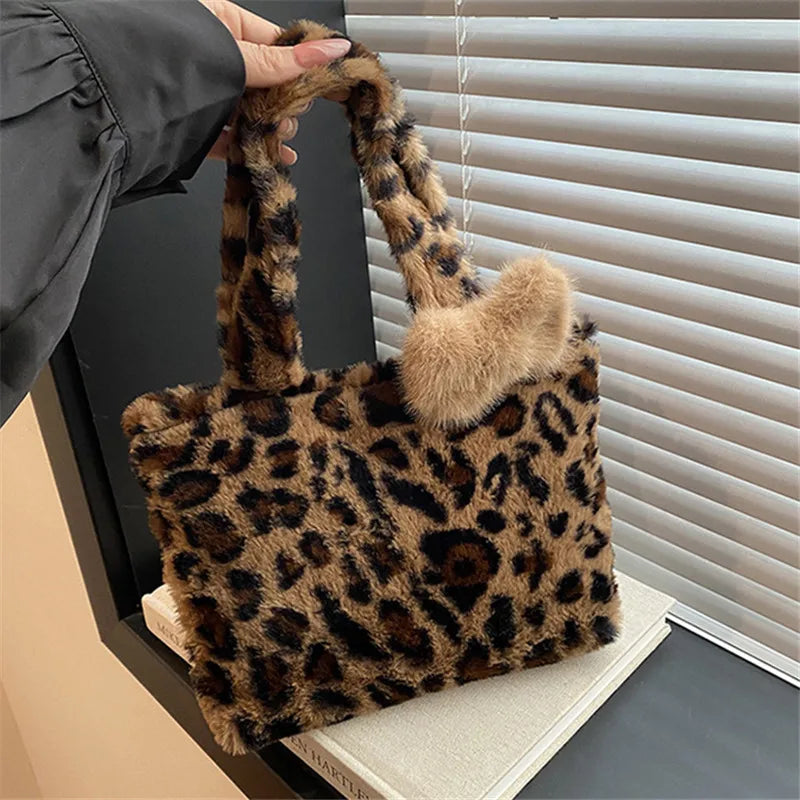 Leopard Plush Fluffy Tote Bag