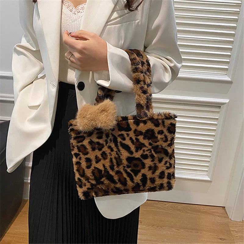 Leopard Plush Fluffy Tote Bag
