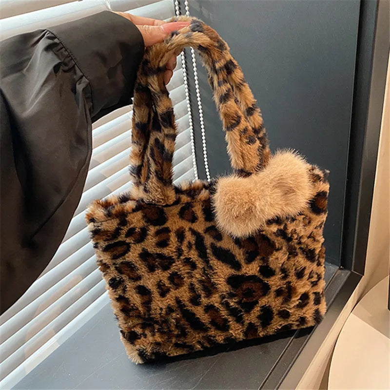 Leopard Plush Fluffy Tote Bag