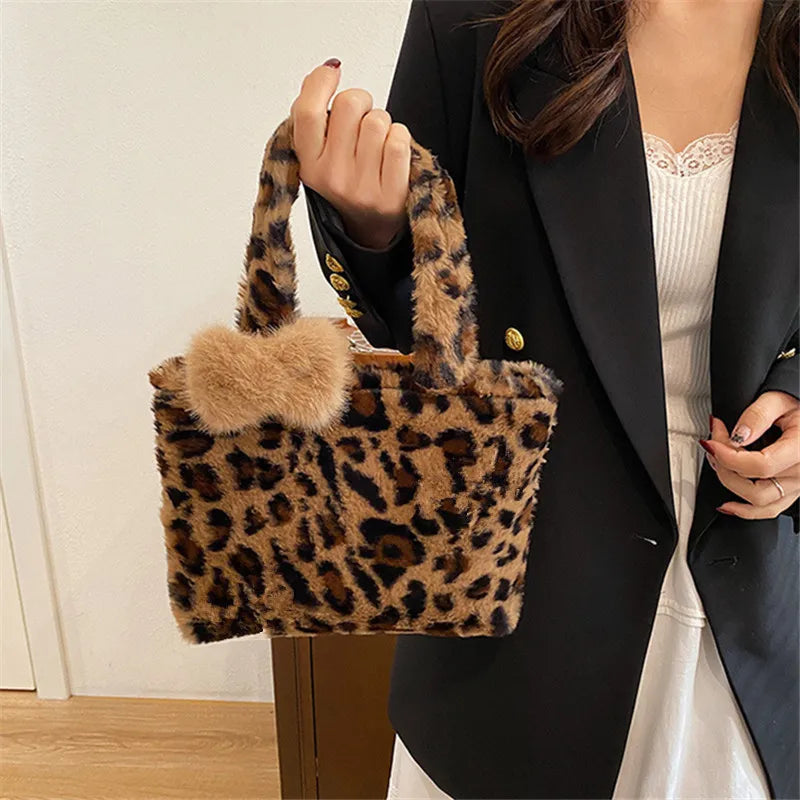 Leopard Plush Fluffy Tote Bag